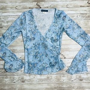 Erik Stewart faux wrap top blue floral EUC S